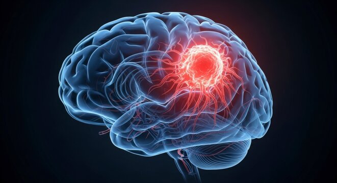 Detailed rendering of a human brain with a tumor for medical research and educational resources focused on brain health and innovative treatments