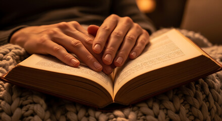 Cozy Reading Moment Hands Holding an Open Book, Relaxing with a good read