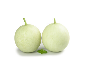 Fresh Jade White Melon Pair Closeup Isolated Shandong China Mint Leaf Garnish
