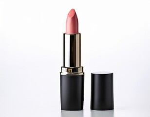 Elegant nude pink lipstick in a sleek black and gold case, standing upright on a white surface. Perfect for beauty, cosmetics, makeup, fashion, and glamour concepts