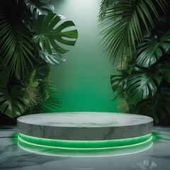 Empty Pedestal with Tropical Leaves and Glowing Green Gradient Background for Product Display