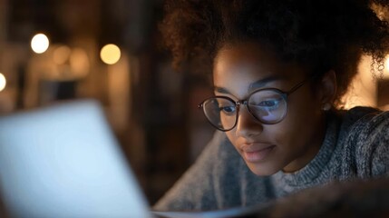 Focused young woman working late on her laptop illuminated by the screen's light