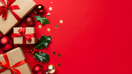 Festive Christmas flat lay gifts and ornaments