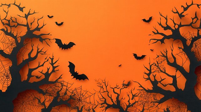 halloween background tree branches bats spider web orange vector - Powered by Adobe