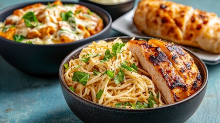 Penne Pasta with Cheese Sauce And Spaghetti with Grilled Chicken and Garlic Bread Display