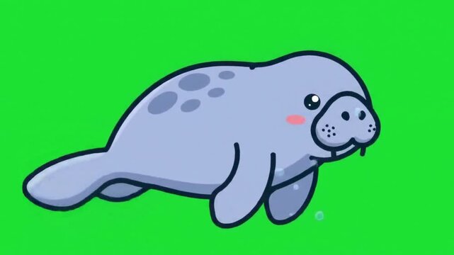 Animated Cartoon Manatee Swimming in Green Screen