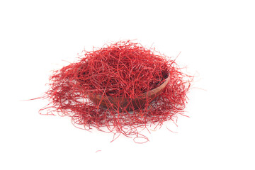 Fototapeta premium Fine Shredded Red Chili Peppers in Wooden Bowl on White Background