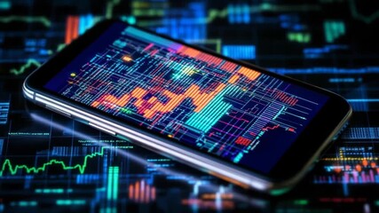 Smartphone displaying colorful code and graphs overlaid with financial data - Powered by Adobe