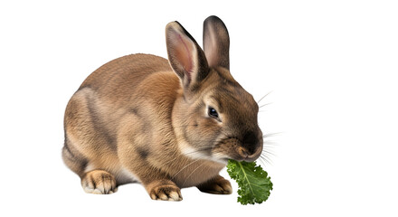 Obraz premium Brown rabbit eating a green leaf of kale against a plain studio shot