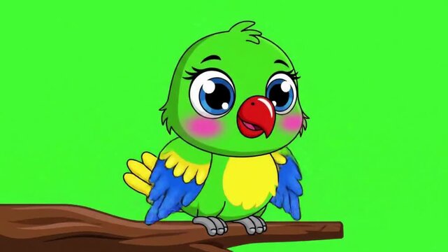 Animated Cartoon Parrot with Colorful Wings Perched on Branch Against Green Screen
