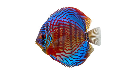 Striking discus fish with vibrant blue and red patterns swimming in dark water