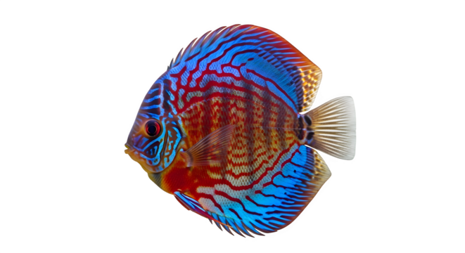 Striking discus fish with vibrant blue and red patterns swimming in dark water