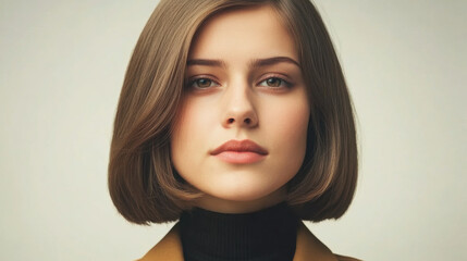 Fototapeta premium Confident woman portrait with short brown hair, soft lighting, neutral background, and calm expression, showcasing modern style and natural beauty