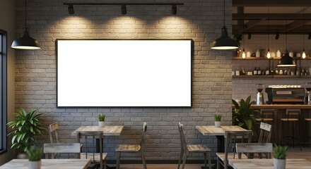 Modern cafe interior design with a large blank billboard perfect for your restaurant advertisement or menu mockup showcasing rustic chic style.