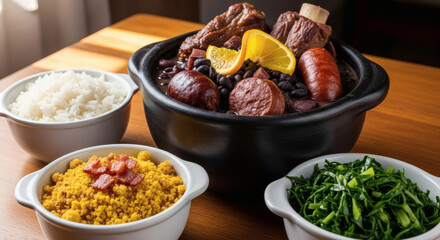 A close up of feijoada with rice farofa and collard greens on a wooden table in white bowls