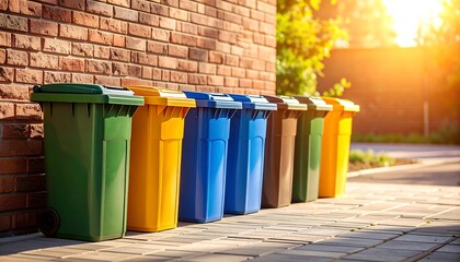 Colorful recycling bins line a brick wall in sunlight (1)