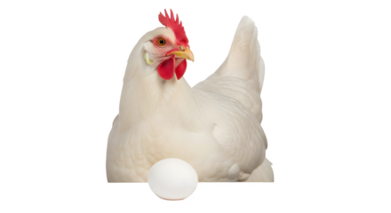 White hen sitting protectively over a single egg against a shot