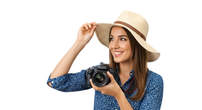 Smiling woman with camera wearing a hat ready for travel and photography work