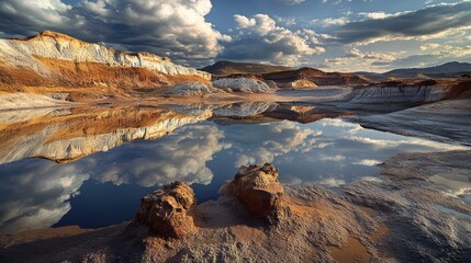 Dramatic sunset over a serene desert lake reflecting colorful, layered cliffs and dramatic clouds.