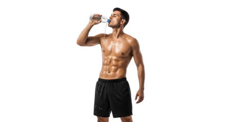 Muscular man drinking water after workout for fitness concept
