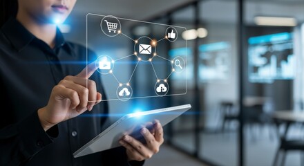 Modern businesswoman leveraging digital marketing automation tools on tablet for enhanced customer engagement and streamlined workflows today