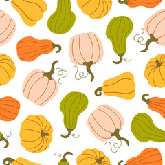 Seamless pattern with hand drawn pumpkins on a white background. Autumn texture for thanksgiving, harvest and halloween. Season palette. Vector Illustration