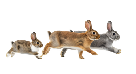 Three rabbits running in a row against a in a playful manner