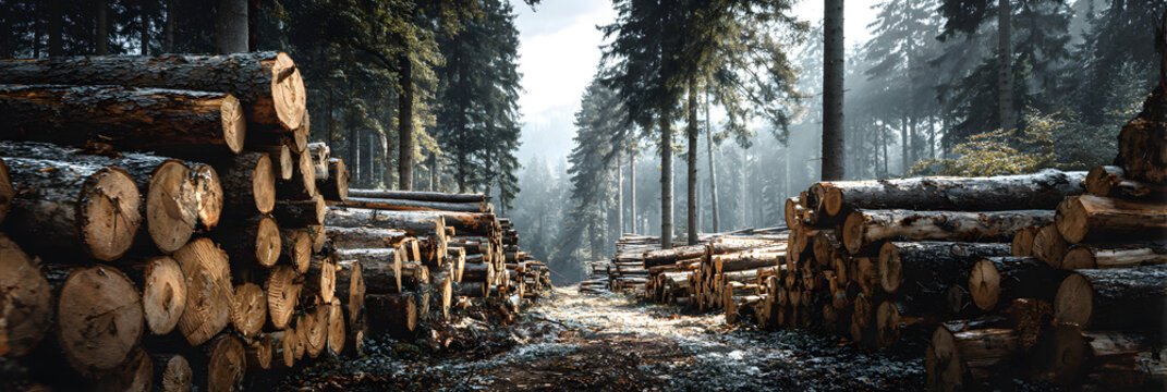 Rows of neatly stacked cut tree trunks fill the fram, capturing the tranquilit of a forest filled with sft light filtering throughthe trees