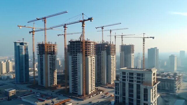 Daytime drone shot of under-construction real estate project with cranes, scaffolding, and half-built towers, urban development concept