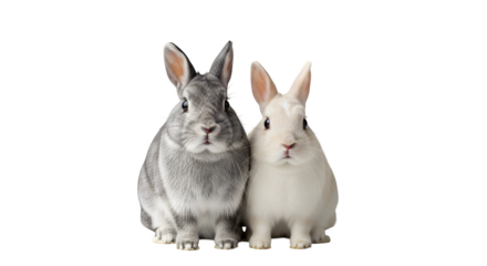 Two adorable rabbits sitting side by side against a black studio background image