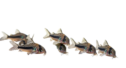 Group of adorable corydoras catfish swimming together in a freshwater aquarium tank