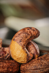 Roasted Cashew Nuts with Cracked Shell Showing Golden Kernel Inside - Healthy Snack Food
