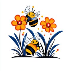 Bees pollinating colorful flowers in a garden nature illustration vibrant and cheerful environment