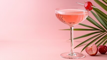 Pink Cocktail with Cherry Garnish in Coupe Glass on Pink Background