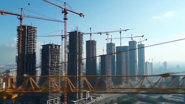 Daytime drone shot of under-construction real estate project with cranes, scaffolding, and half-built towers, urban development concept