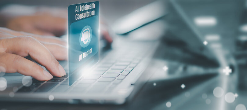 Futuristic AI doctor telehealth consultation shows hands typing on laptop with holographic digital screen, symbolizing online healthcare service, smart medical technology, and remote diagnosis access.