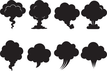 Cartoon smoke cloud bundle in flat black silhouette vector design illustration
