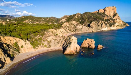 Scenic Coastal Landscape with Rocky Outcrops and Lush Greenery.