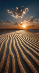 Fototapeta premium Sunset casts long shadows across parallel sand ripples in a desert landscape