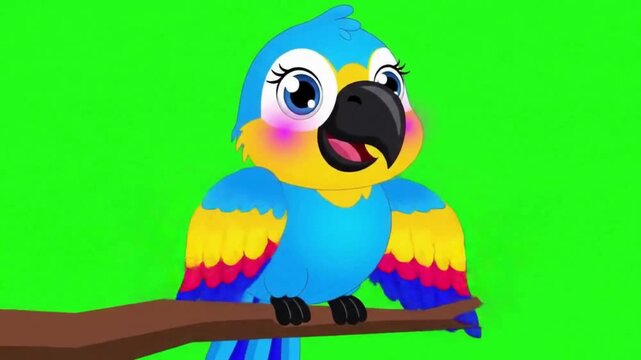 Animated Cute Cartoon Parrot on Green Screen