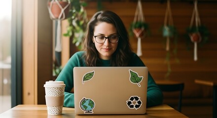 Focused Woman Working on Laptop with Eco-Friendly Stickers in Cozy Cafe, Enjoying Coffee Break and Natural Light