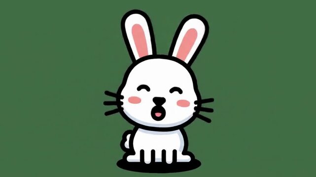 Animated Cute Cartoon White Rabbit on Green Background
