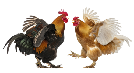 Two roosters facing each other in a standoff ready to fight and assert dominance