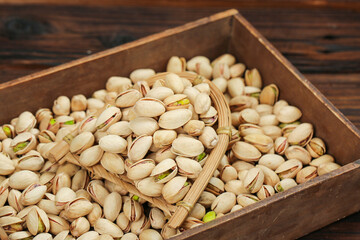 Fresh Roasted Pistachios in Wooden Box with Bamboo Scoop - Healthy Nuts Snack Food