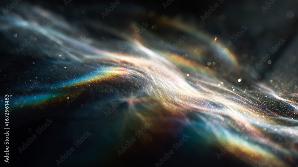 Poster a mesmerizing display of iridescent light patterns against a dark backdrop with shimmering particles