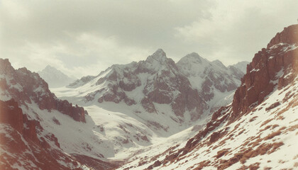panoramic view of snowy mountain landscape with dramatic cloudy sky