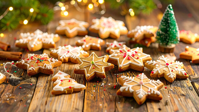 Cooking Christmas gingerbread. Making Christmas cookies - gingerbread men,  a woman is decorating cookies with royal icing.