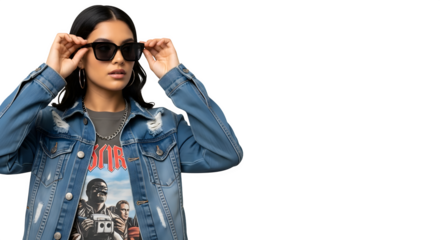 Stylish woman adjusting sunglasses wearing a denim jacket against
