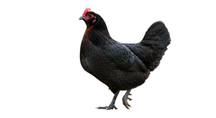 Elegant black australorp chicken standing against a stark black studio backdrop