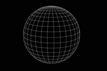 Global connection, wireframe grid of a 3d sphere with latitude and longitude lines on a black background, science concept